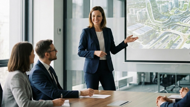 Een vrouw staat aan het hoofd van een vergadertafel en geeft met een krachtige houding een presentatie, wat de impact van een professionele presentatietraining illustreert.